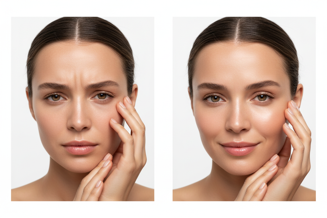 Woman examining skin in mirror showing signs that indicate need for facial massage tool