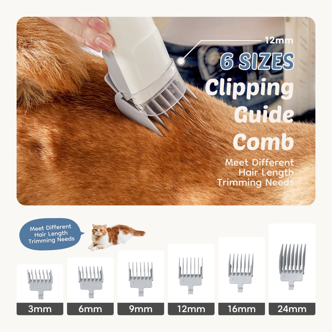 Pet clipper shown on a dog's coat with six guide comb sizes displayed below