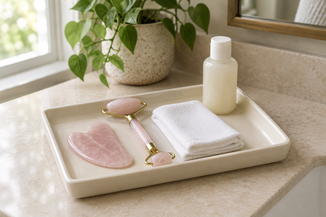 Facial roller and gua sha tool arranged beside a cleaning cloth on a neutral bathroom counter