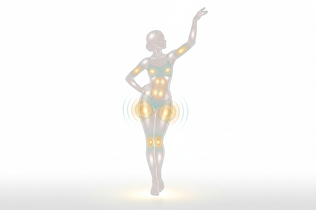 Body sculpting device being used on thighs abdomen and arms showing best target areas for toning