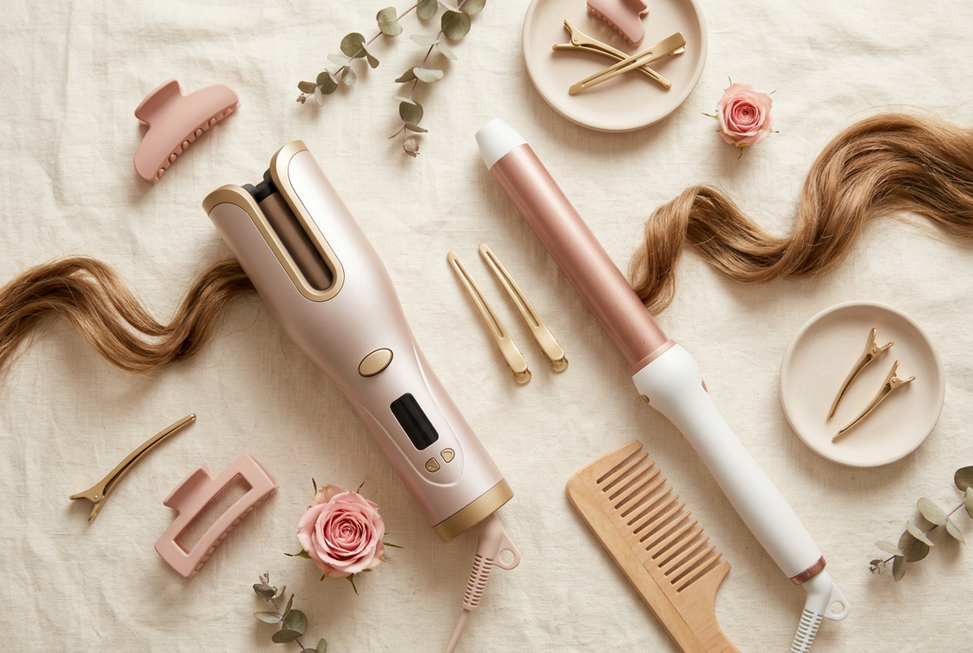 AI-generated illustration of a generic automatic hair curler and smooth-barrel curling wand with hair clips and a comb