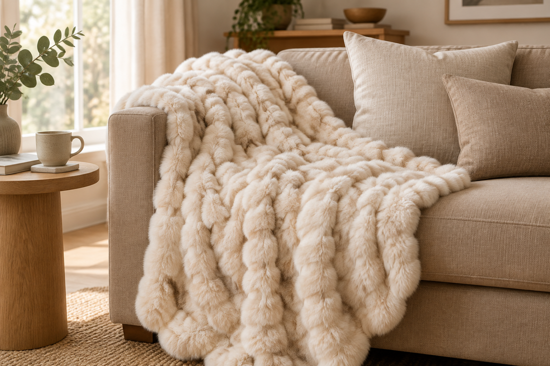 Cream faux fur throw draped over a beige sofa with neutral cushions in a softly lit living room