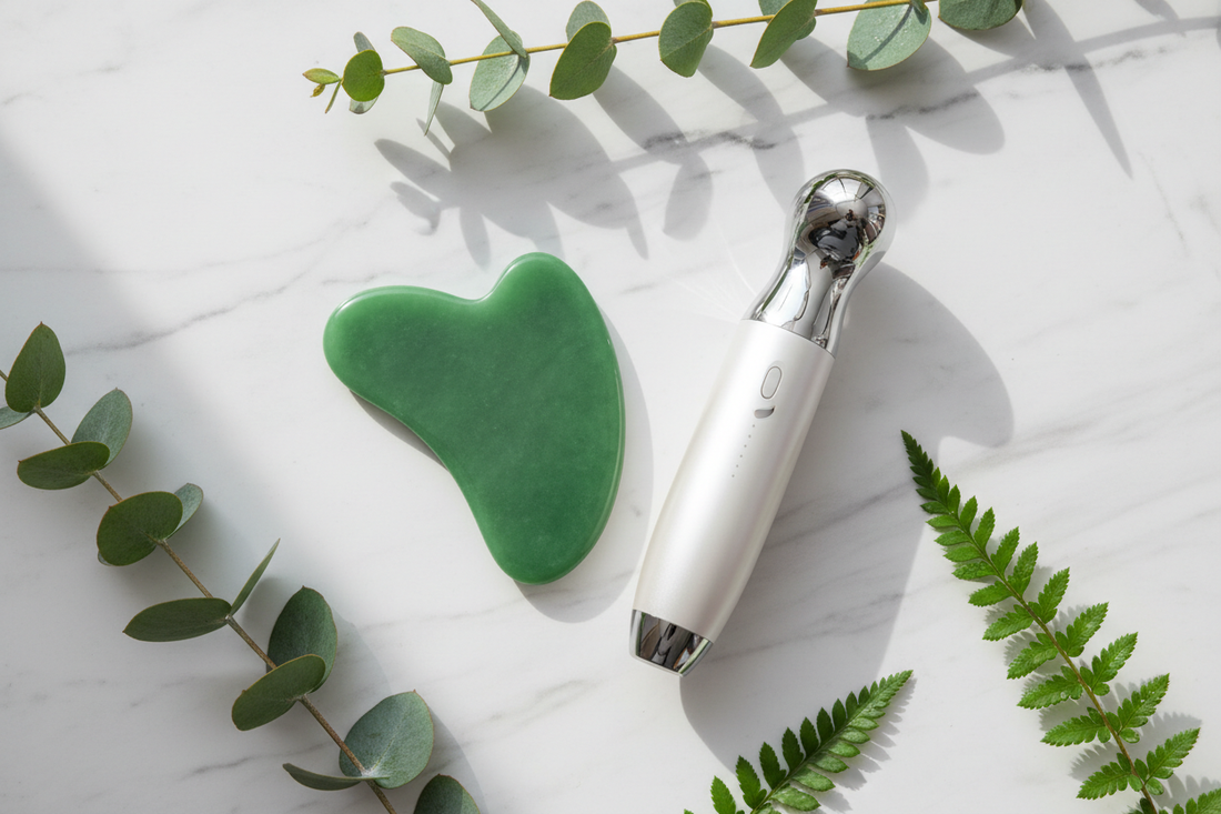 Gua sha stone and electric facial massager side by side for skin comparison