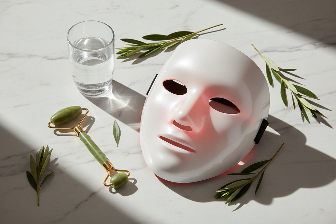 Woman using red light therapy LED mask for skin collagen and anti-aging treatment