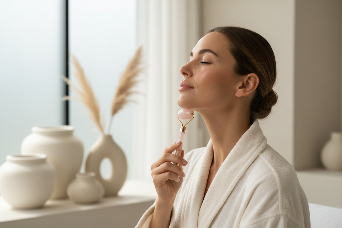 Woman performing facial massage technique along jawline for sculpting and definition
