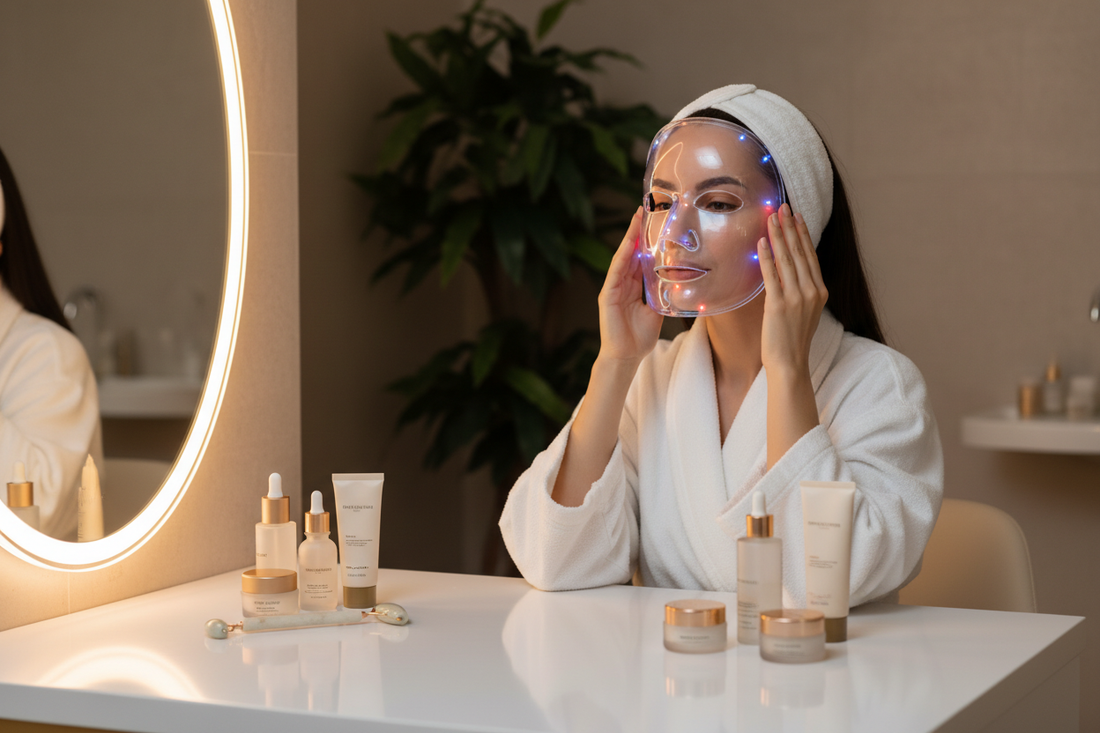 Beginner wearing LED face mask at home following a complete light therapy skincare routine