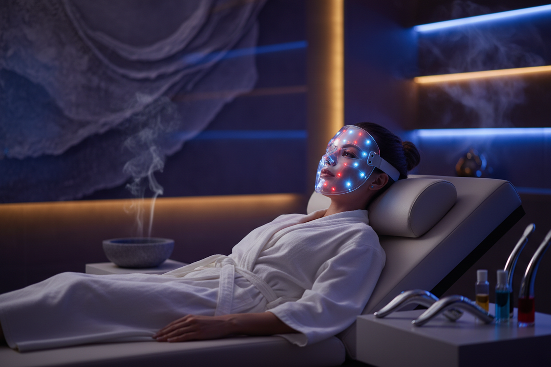 Woman using LED face mask at home showing recommended frequency for light therapy sessions
