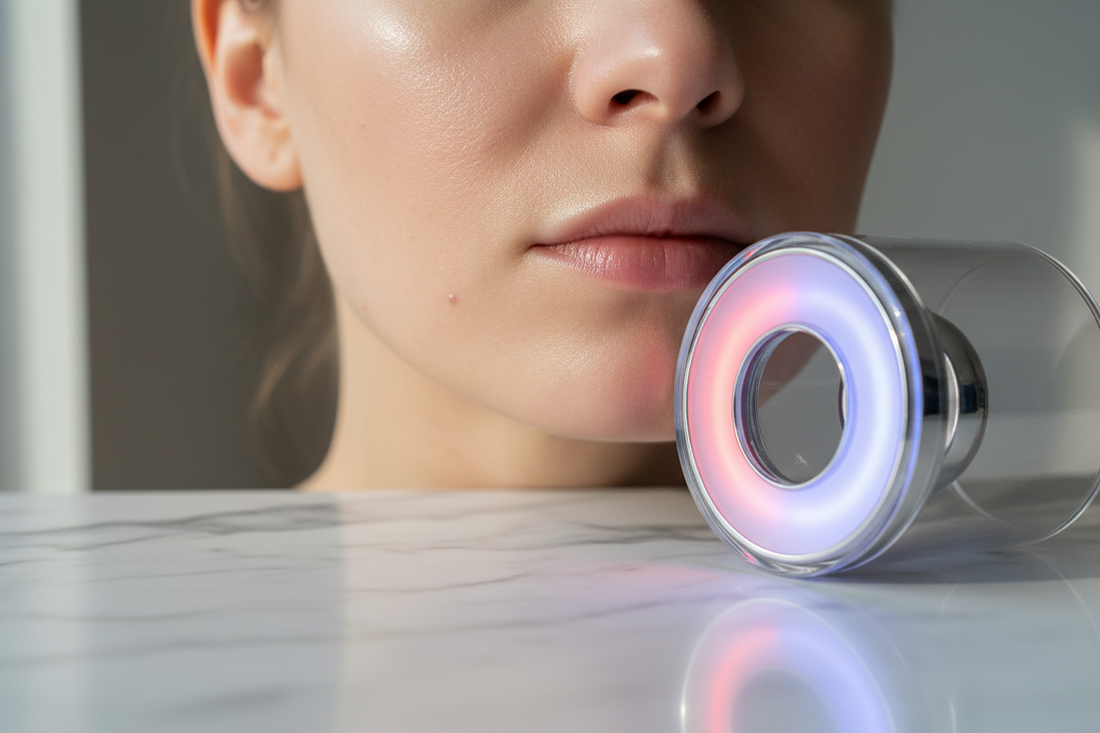 Close-up of skin showing acne scar fading results from consistent LED light therapy treatment