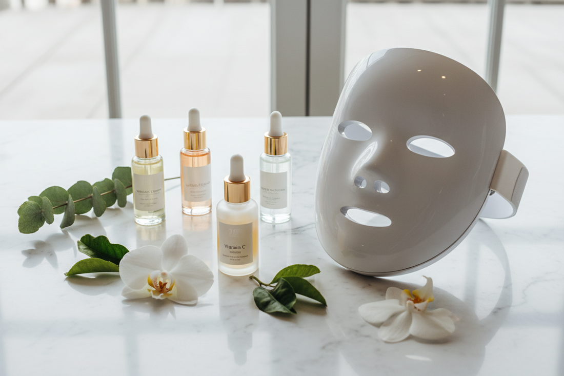 Skincare products and LED therapy device laid out showing how to layer light therapy into daily routine