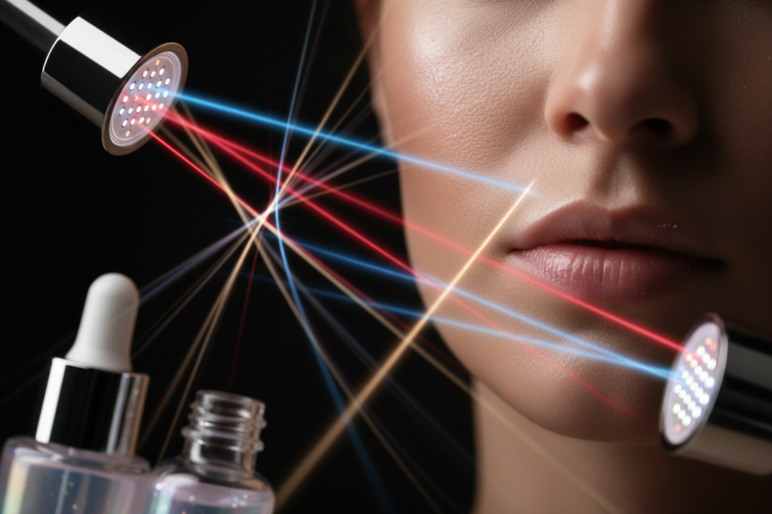 LED light therapy device showing red blue and near-infrared wavelengths for skin treatment