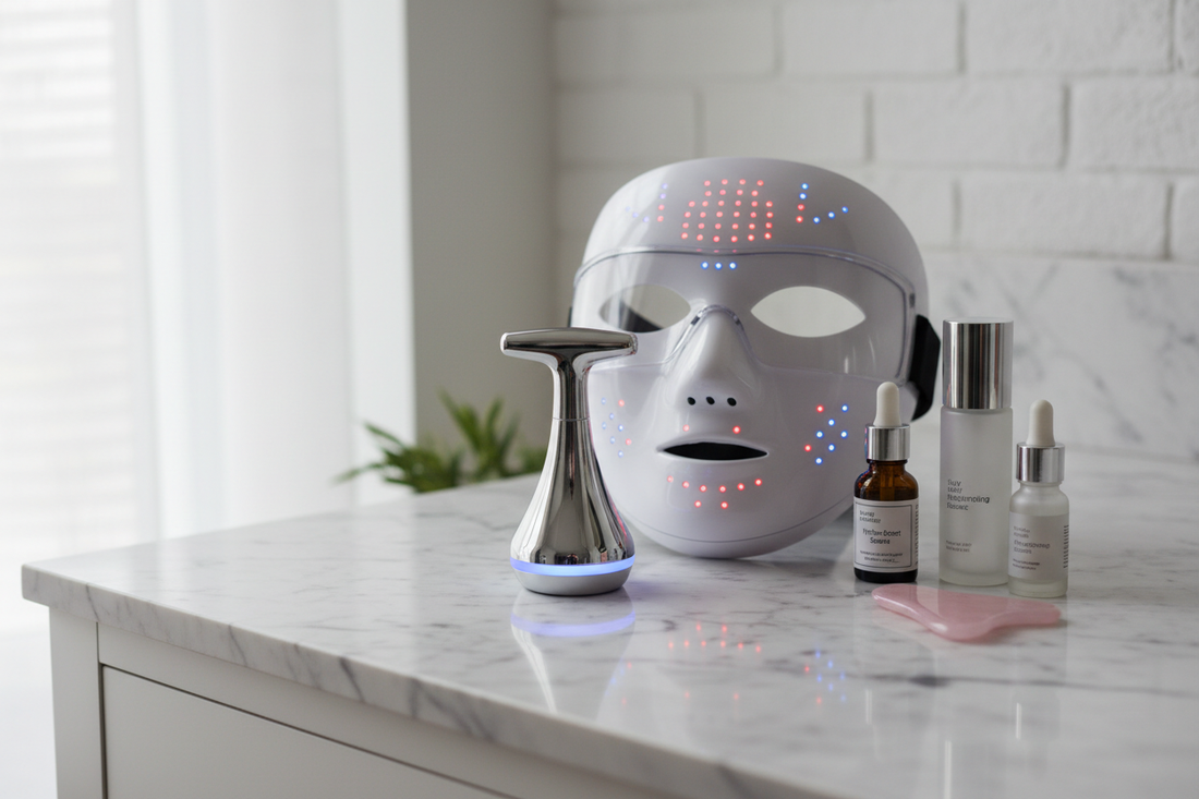 Weekly skincare device schedule laid out showing daily routine for glowing skin results